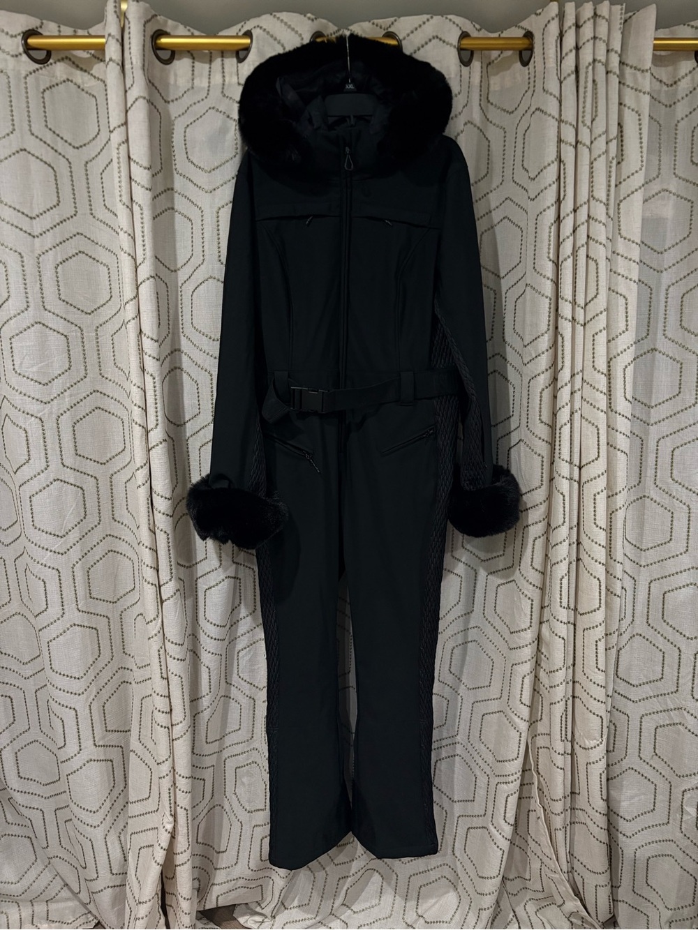 GSOU SNOW Black Faux Fur Shirred Waterproof One-Piece Ski Suit Size L - Picture 6 of 14